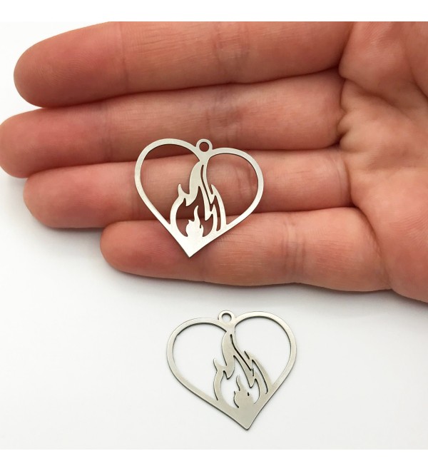 Stainless Steel Heart on Fire Necklace Pendant, Flaming Heart Charm, Sacred Heart, Love Charm, Burning Fire Heart Laser Cut STL-3043