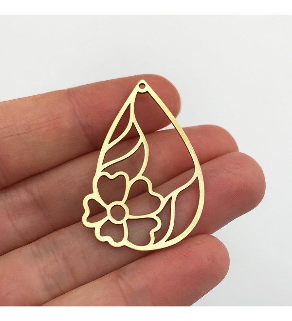 Raw Brass Drop Flower Earring Charm Pendant, Drop Shaped Geometric Floral Charm, Laser Cut Brass Flower Jewelry Supplies RW-1156