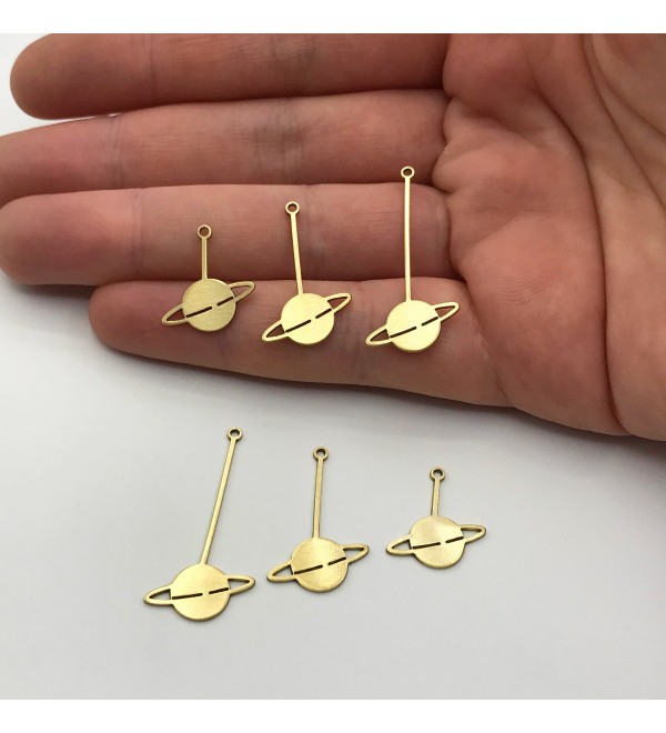 6pcs Raw Brass Saturn Planet Stick Charm Pendant, Drop Dangle Planet Saturn Earring Charm, Stick Saturn Charm for Jewelry Making RW-1162