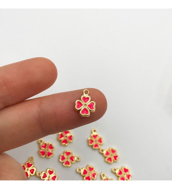 Shiny Gold Plated Neon Enamel Four Leaf Clover Charm, Neon Pink Tiny Clover Heart Charm Pendant, Enamel Charms Jewelry Making GLD-1066