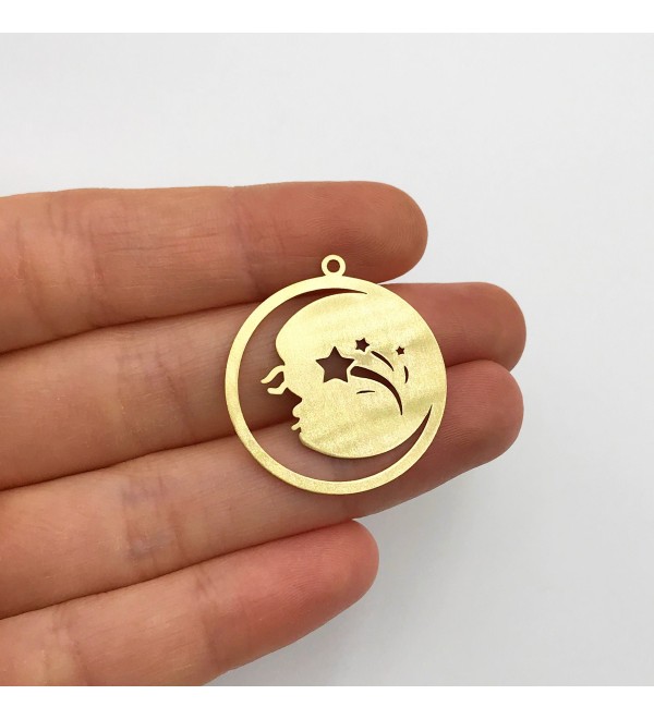 Raw Brass Crescent Moon Face Charm Pendant, Round Moon and Stars Face Earring Charm, Sky Charms, Laser Cut Celestial Charms RW-1242