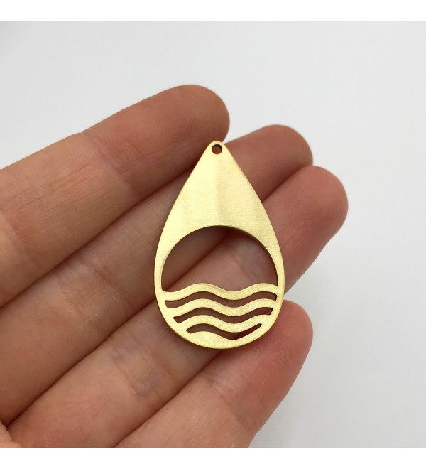 Raw Brass Drop Shaped Sea Wave Charm, Sea Wave Pendant, Drop Sun Charm, Sun Pendant, Laser Cut Brass Jewelry Making Supplies RW-1246