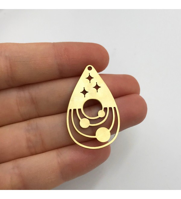 Raw Brass Planet Charm, Planet Pendant, Drop Shaped Universe Galaxy Planet Charm Pendant, Laser Cut Celestial Jewelry Supplies RW-1256