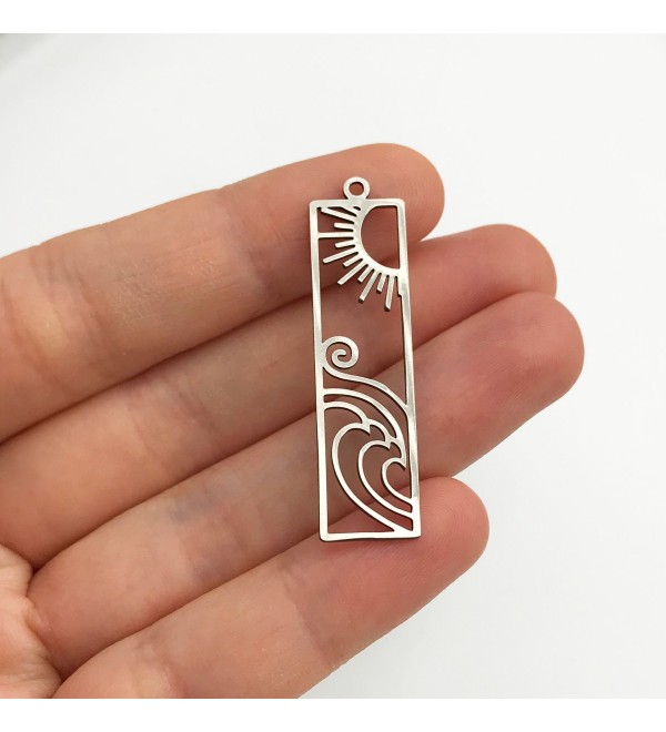 Stainless Steel Sun and Waves Bar Charm Pendant, Rectangle Sun and Breeze Earring Bar Charm, Laser Cut Jewelry Supplies STL-3117