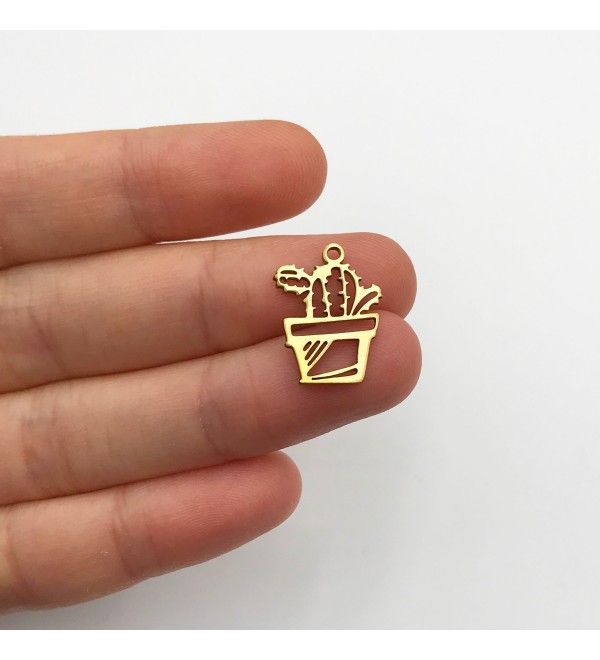 Raw Brass Tiny Cactus Charm Pendant, Cactus Earring Charm, Potted Plant Charm, Succulent Charms, Jewelry Making Supplies RW-1272