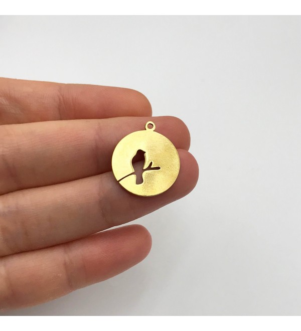 Raw Brass Bird on Tree Branch Charm Pendant, Sparrow Pendant Charm, Round Disc Bird Necklace Pendant, Bird Earring Laser Cut RW-1280