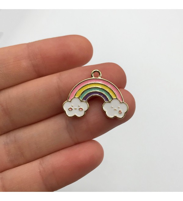 Shiny Gold Plated Pastel Enamel Rainbow Charm, Enamel Rainbow Pendant, Rainbow with Cloud Faces Charm, Jewelry Making Supplies GLD-1071