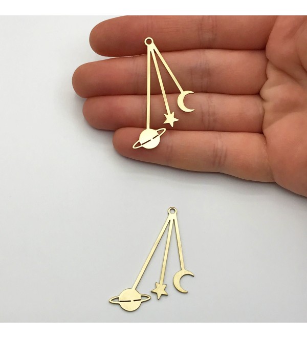 Raw Brass Planet Saturn Star Crescent Moon Earring Charm, Celestial Charms for Earring Making, Dangle Moon Saturn Star Charm RW-1213