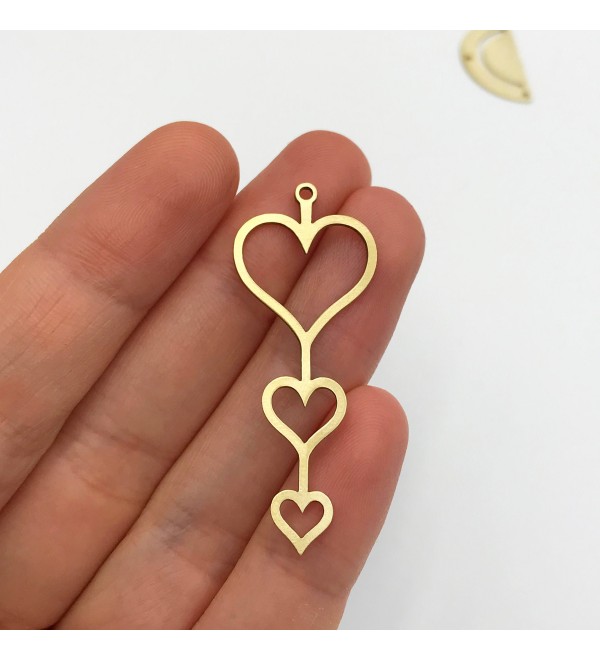 Raw Brass Triple Heart Charm, Heart Pendant, Drop Earring Heart Charm, Brass Findings DIY Charms, Laser Cut Jewelry Supplies RW-1217