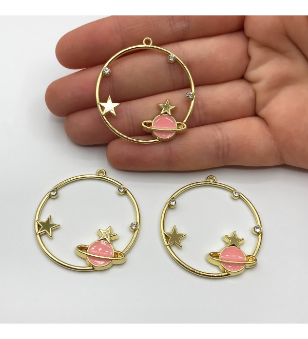 Shiny Gold Plated Saturn Earring Hoop, Blue Pink Black Enamel Saturn Charm Earring Hoop, Saturn and Stars Hoop Earring GLD-1075