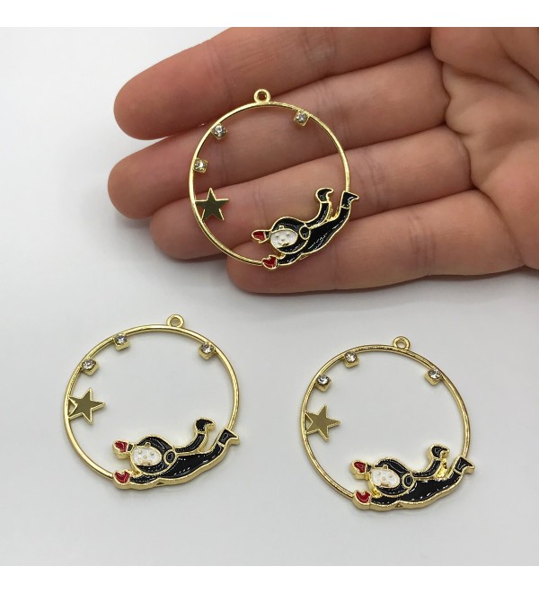 Shiny Gold Plated Astronaut Earring Hoop, Enamel Astronaut Spaceman with Stars Charm Earring Hoop, Galaxy Space Hoop Earring GLD-1076