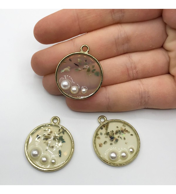 Shiny Gold Plated Round Clear Epoxy Resin Charm with Faux Pearls, Epoxy Resin Pendant, Drop Dangle Glitter Resin Charm GLD-1077