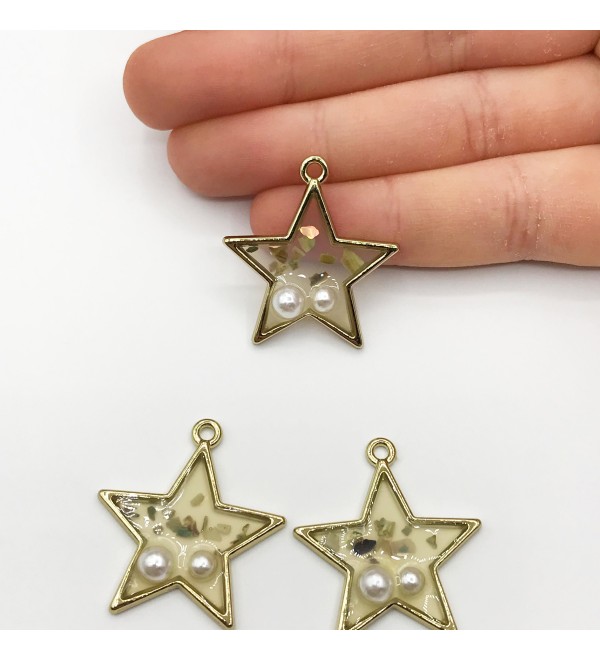 Shiny Gold Plated Star Shaped Clear Epoxy Resin Charm with Faux Pearls, Pressed Flower Epoxy Resin Pendant, Glitter Resin Charms GLD-1080