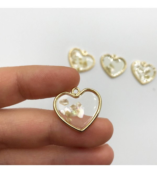 Shiny Gold Plated Heart Shaped Clear Epoxy Resin Charm, Pressed Mother of Pearl Epoxy Resin Pendant, Resin Charms, Jewelry Supplies GLD-1081