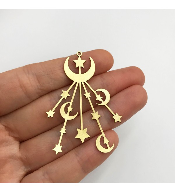 Raw Brass Crescent Moon and Stars Earring Charm Pendant, Drop Dangle Celestial Earring Charm, Laser Cut Jewelry Supplies RW-1301