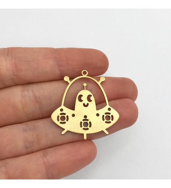 Raw Brass UFO Charm, UFO Pendant, Spaceship Spacecraft Alien Charm for Jewelry Making, Earring Findings, Laser Cut Charms RW-1302