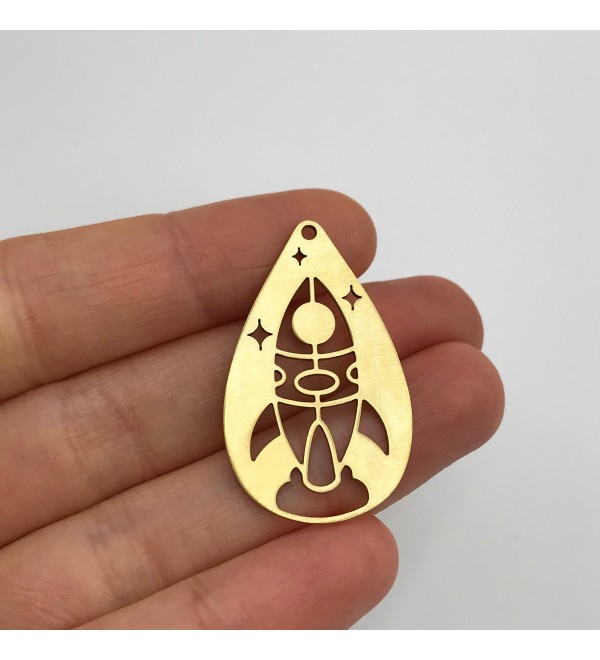 Raw Brass Rocket Ship Charm, Rocket Pendant, Drop Shaped Space Rocket Charms for Jewelry Making, Laser Cut Jewelry Supplies RW-1245