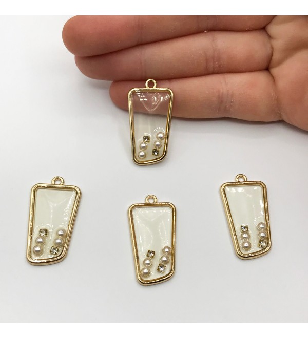 Shiny Gold Plated Rectangle Clear Epoxy Resin Charm with Faux Pearls, Epoxy Resin Pendant, Drop Dangle Resin Charm Findings GLD-1086