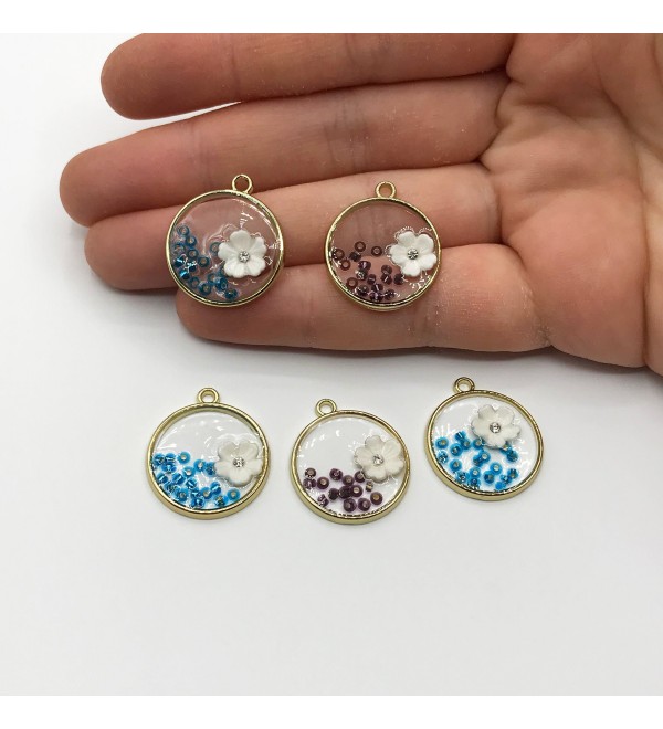 Shiny Gold Plated Round Clear Epoxy Resin Charm with Blue and Purple Beads, Epoxy Resin Pendant, Jewelry Making Supplies GLD-1087