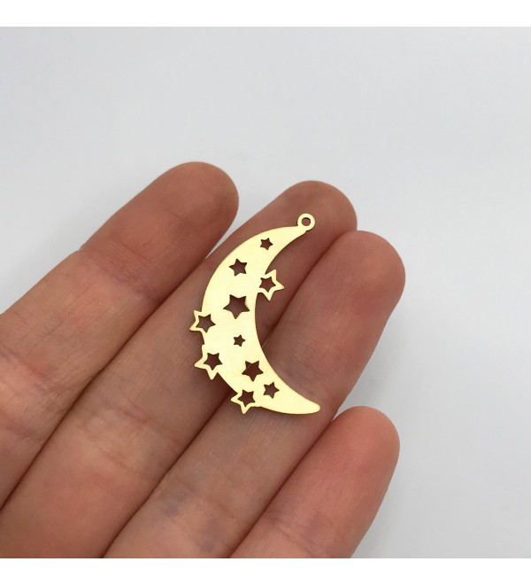 Raw Brass Crescent Moon and Stars Charm, Crescent Moon Pendant, Celestial Charms Earring Findings, Laser Cut Jewelry Supplies RW-1306