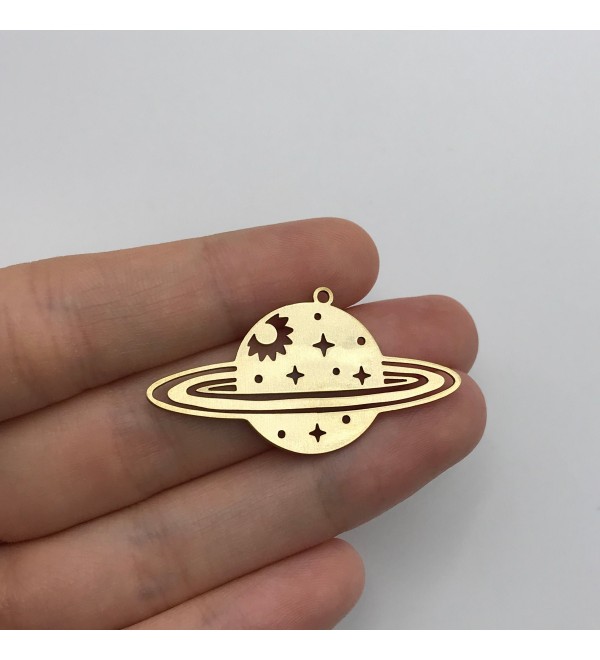 Raw Brass Saturn Charm, Saturn Pendant, Planet Charm, Sun and Stars Charm, Brass Earring Charms, Laser Cut Jewelry Supplies RW-1331