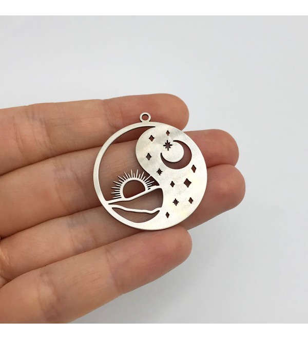 Stainless Steel Yin Yang Celestial Charm, Round Sun Moon Stars Charm Pendant, Sun and Moon Jewelry, Celestial Earring Charms STL-3250