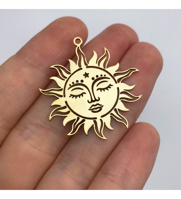 Raw Brass Sun Charm, Sun Face Earring Charm, Tribal Sun Charm for Jewelry Making, Celestial Sun, Laser Cut Jewelry Supplies  RW-1336