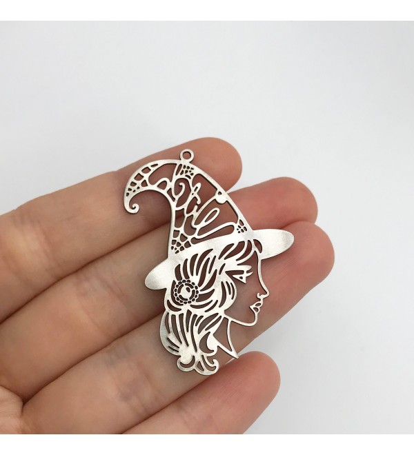 Stainless Steel Witch Charm, Witch Pendant, Witch Hat Charm, Witch Girl Face Charm, Witch Jewelry, Laser Cut Jewelry Supplies STL-3183