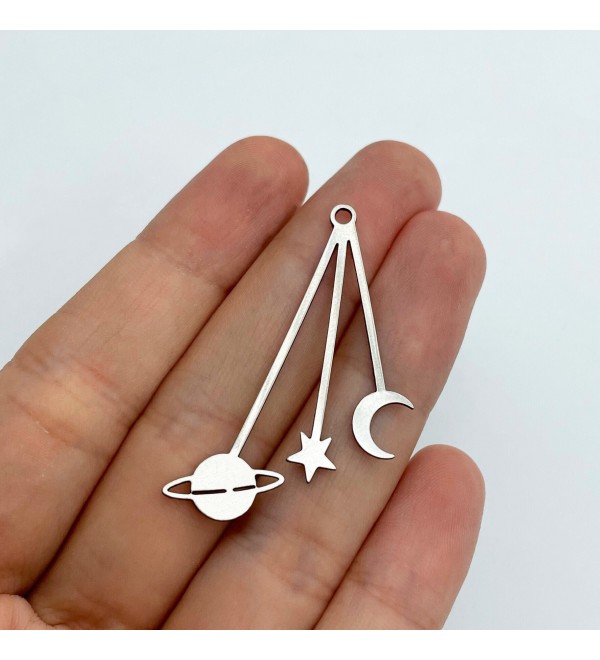 Stainless Steel Planet Saturn Star Crescent Moon Earring Charm, Celestial Charms Steel Findings, Dangle Moon Saturn Star Charm STL-3213