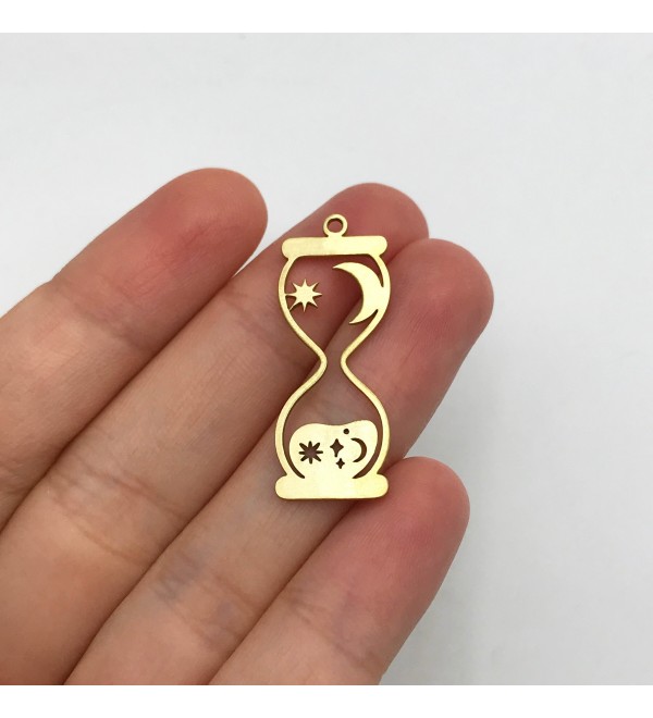 Raw Brass Hourglass Charm, Crescent Moon and Stars Charm, Raw Brass Findings Earring Charms, Laser Cut Jewelry Supplies RW-1348