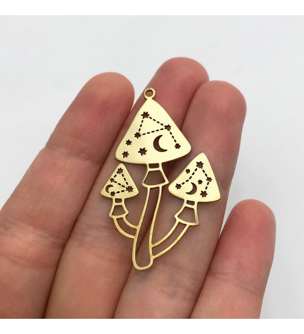 Raw Brass Mushroom Charm, Mushroom Pendant, Fairy Mushroom Moon Stars Charm, Brass Earring Findings, Laser Cut Jewelry Supplies RW-1351