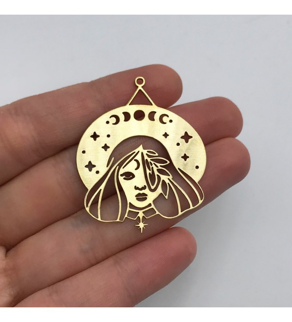 Raw Brass Witch Charm, Witch Pendant, Girl Charm, Moon Phase Celestial Charms, Witchy Charms, Laser Cut Jewelry Supplies RW-1357