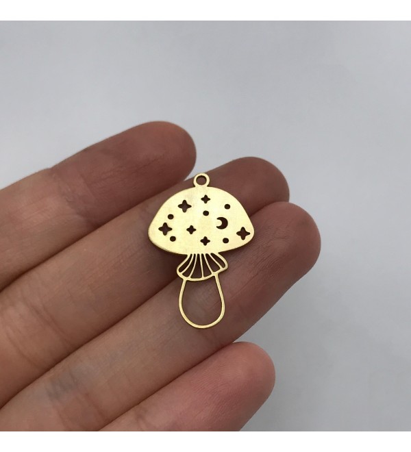 Raw Brass Mushroom Charm, Mushroom Pendant, Moon Stars Celestial Mushroom Charm, Brass Findings, Laser Cut Jewelry Supplies RW-1368