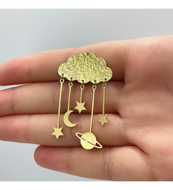 Hammered Raw Brass Cloud Saturn Planet Moon Stars Charm Pendant, Drop Dangle Cloud Saturn Moon Stars Earring Charm Findings RW-1343