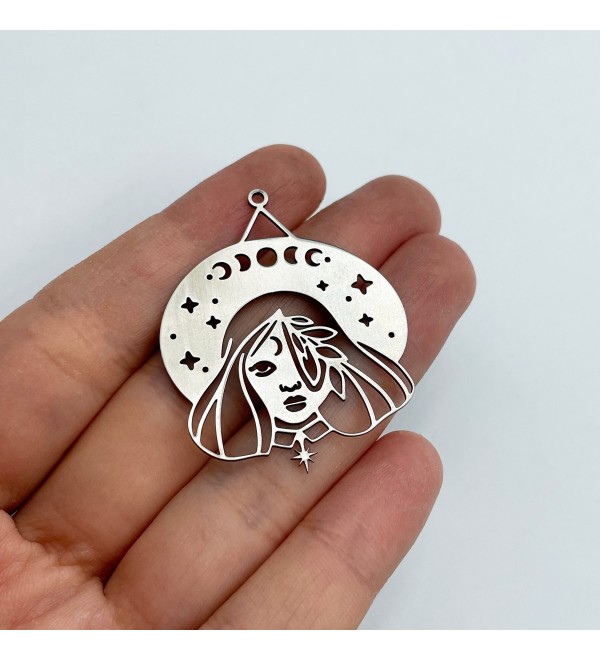 Stainless Steel Witch Charm, Witch Pendant, Girl Charm, Moon Phase Celestial Charms, Witchy Charms, Laser Cut Jewelry Supplies STL-3357