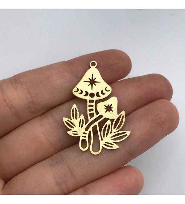 Raw Brass Mushroom Charm, Moon Phases Mushroom Pendant, Fairy Mushroom Charm, Brass Findings, Laser Cut Jewelry Supplies RW-1365