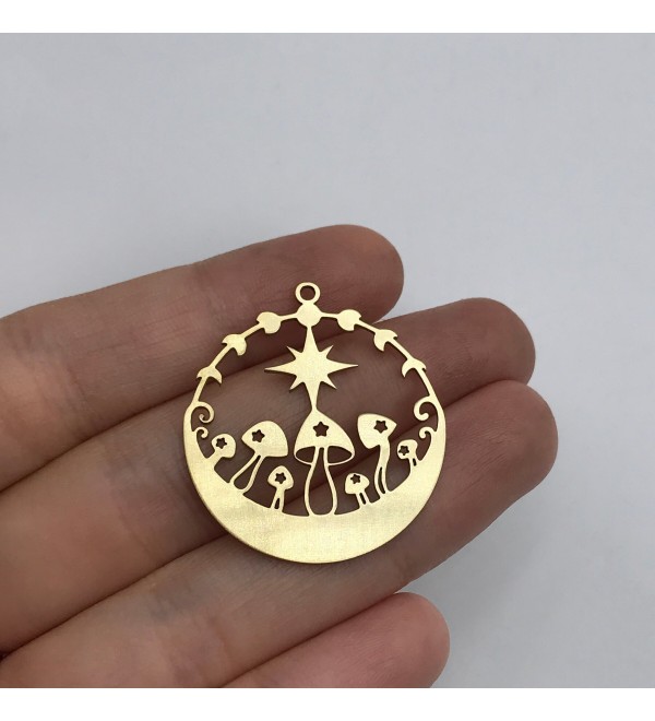 Raw Brass Mushroom Charm, Moon Phases and Star Mushroom Pendant, Fairy Mushroom Charm, Laser Cut Brass Jewelry Supplies RW-1369