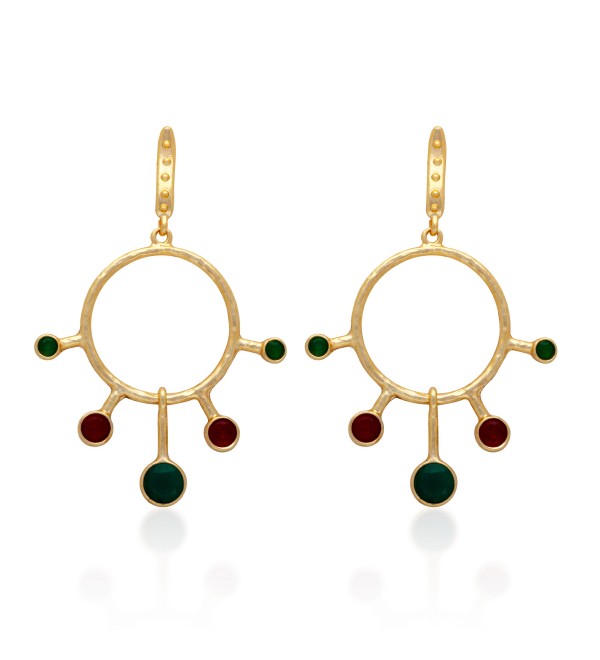 1 Pair Matte Gold Plated Dangle Gemstone Earrings, Green Red Stone Earrings, Fancy Earrings, Drop Earrings, Gemstone Jewelry E-4