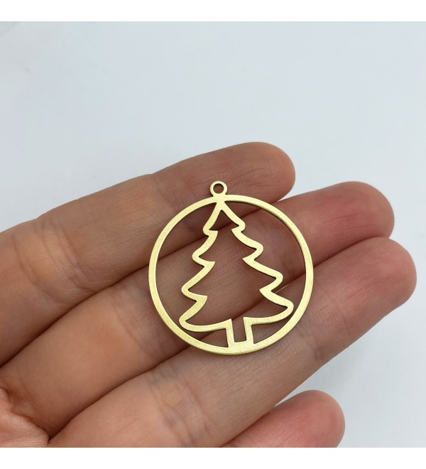 Raw Brass Christmas Tree Charm, Round Christmas Tree Charm Pendant, Christmas Charms, Brass Findings Laser Cut Jewelry Supplies RW-1372