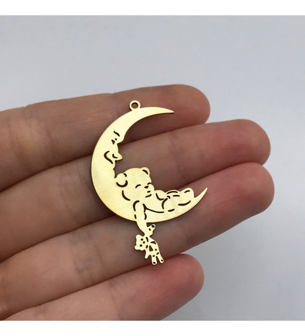 Raw Brass Crescent Charm, Sleepy Moon and Teddy Bear Charm, Moon Charm, Brass Earring Charms, Laser Cut Jewelry Making Supplies RW-1450