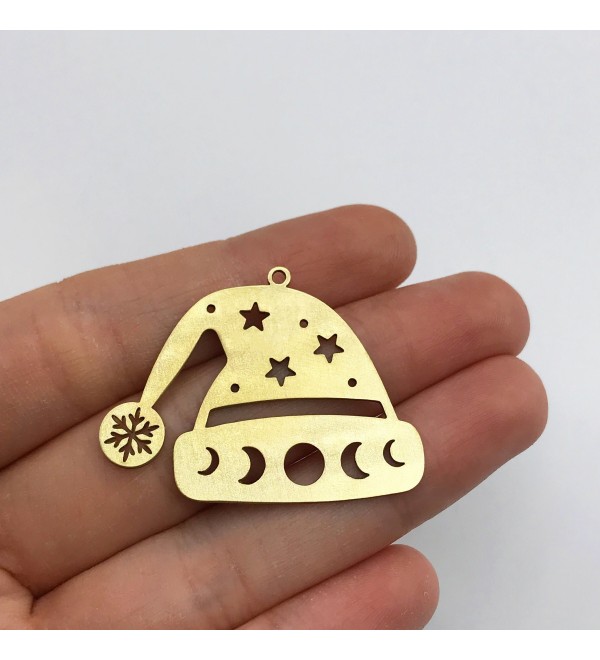 Raw Brass Santa Hat Charm, Moon Phases on Hat Charm, Christmas Hat Charm, Earring Charms, Laser Cut Jewelry Making Supplies RW-1452