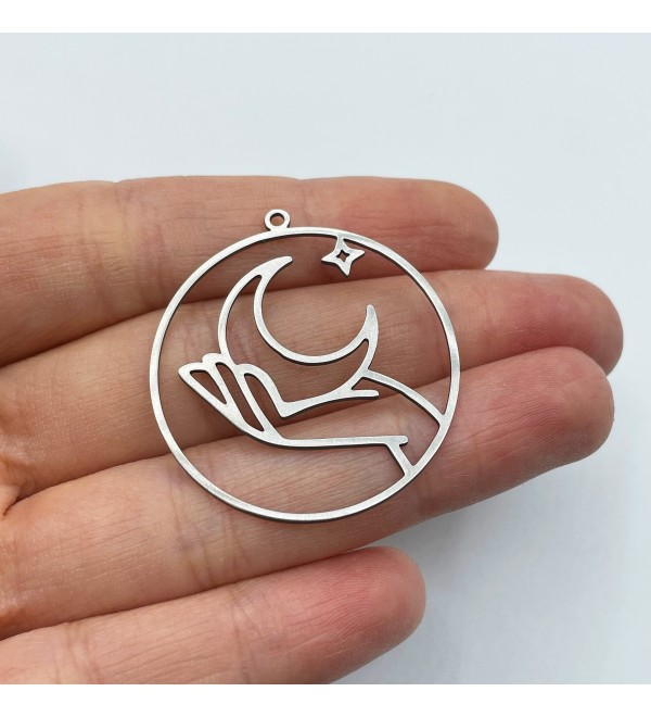 Stainless Steel Round Hand and Moon Charm, Hand Charm, Moon Charm, Steel Earring Charms, Laser Cut Jewelry Making Supplies STL-3427