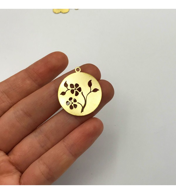 Raw Brass Flower Necklace Charm, Flower Charm, Round Disc Flower Pendant, Plant Charm, Natural Charm, Brass Findings RW-1025