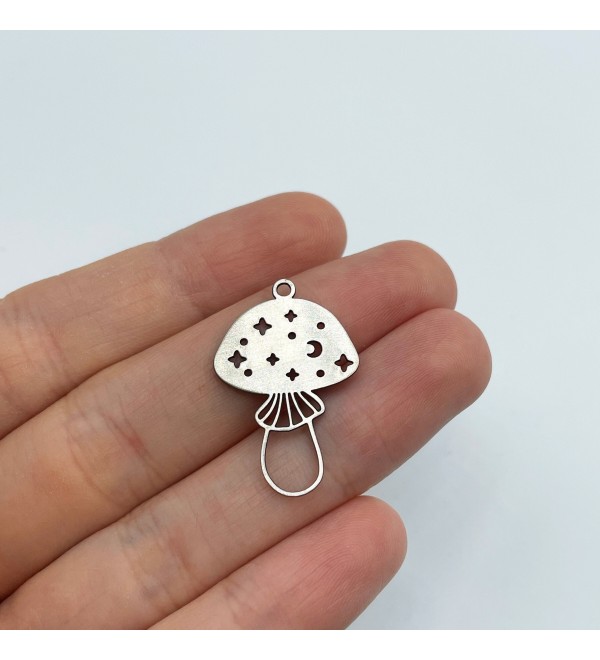 Stainless Steel Mushroom Charm, Mushroom Pendant, Moon Stars Celestial Mushroom Charm, Laser Cut Jewelry Making Supplies STL-3368