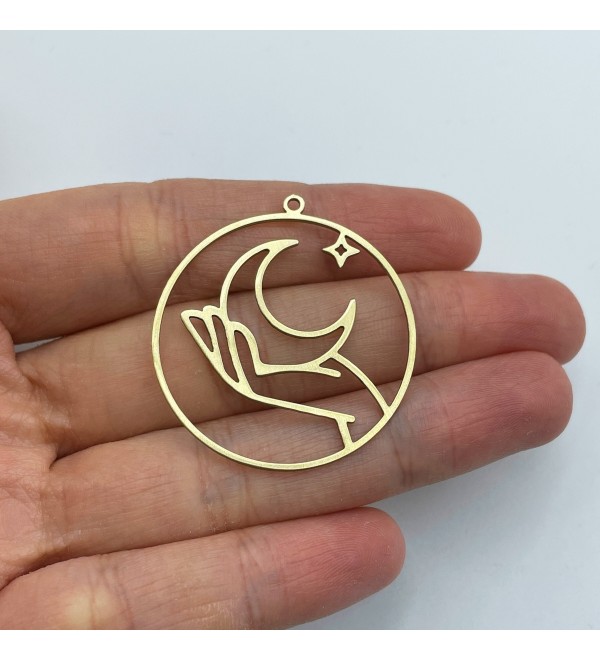 Raw Brass Round Hand and Moon Charm, Hand Charm, Moon Charm, Brass Earring Charms, Laser Cut Jewelry Making Supplies RW-1427