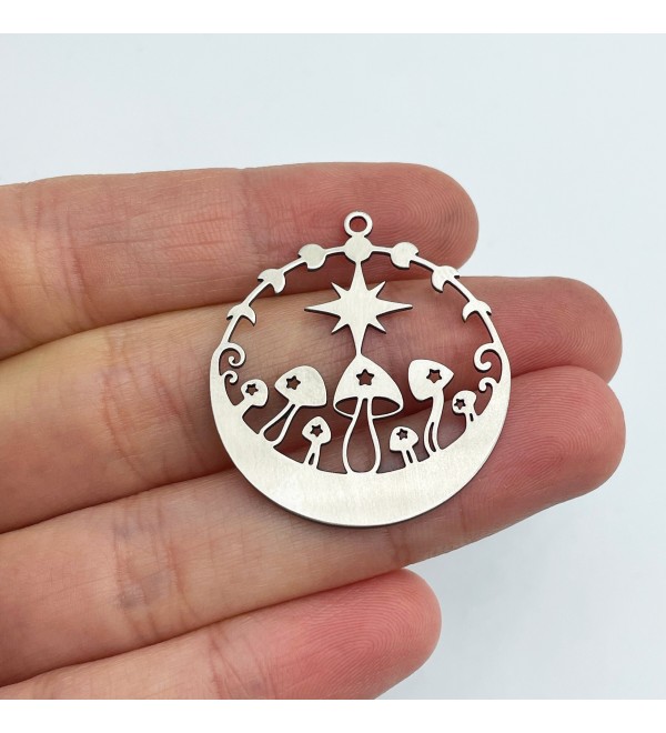 Stainless Steel Mushroom Charm, Moon Phases and Star Mushroom Pendant, Fairy Mushroom Charm, Laser Cut Jewelry Supplies STL-3369