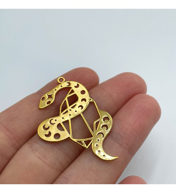 Shiny Gold Plated Snake Charm, Snake Pendant, Crystal Snake Moon Phases Charm ,Mystical Witchcraft Witchy Celestial Charms GLD-1346