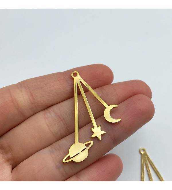 Shiny Gold Plated Planet Saturn Star Crescent Moon Earring Charm, Celestial Charms for Earring Making, Dangle Moon Saturn Star CharmGLD-1213