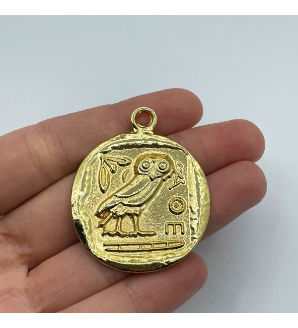 Gold Plated Athena Owl Pendant, Greek Coin Pendant, Goddess Athena Ancient Greek Coin Pendant, Gold Plated Coin Pendants GLD-1101