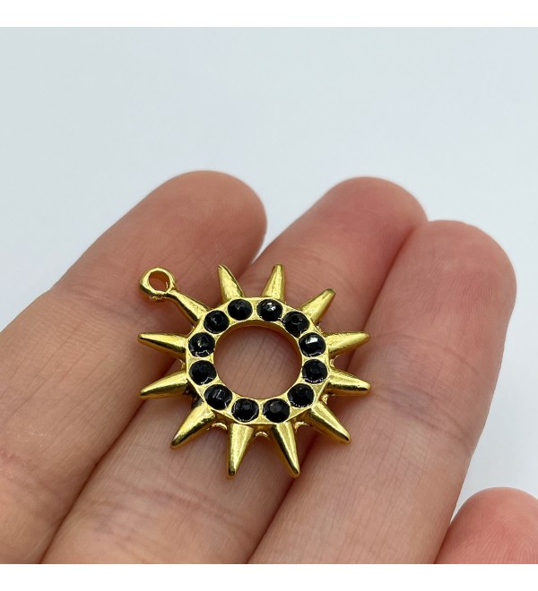 Gold Plated Sun Charm, Sun Pendant, Gold CZ Sun Charm, Black Zircon Sun Charm, Gold Findings, Gold Plated Jewelry Supplies GLD-1103